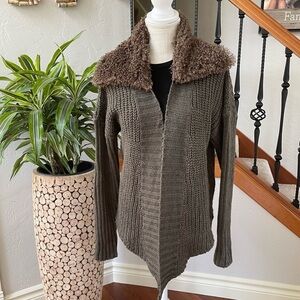 Story of Lola  Wool Blend Open Front with Furry Collar Brown Carrigan One Size